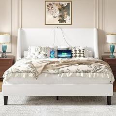 VECELO Full Bed Frame with Upholstered Wingback Headboard, Heavy-Duty Platform Bedframe with Charging Station, Wooden Slats, No Box Spring Needed, White
