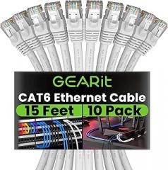 GEARit Cat 6 Ethernet Cable (10-Pack 15 Feet) Cat6 Network Patch, 10Gbps, RJ45, Snagless Cord, Gold-Plated Connectors, Internet for PC, TV, Tablet, Router, Printer, Servers, IT Data Center - White