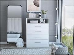 Bedroom Dresser, Four Drawers, One Shelf - White