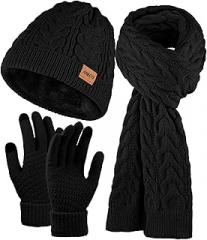 Aneco Winter Warm Knit Scarf Beanie Hat Touchscreen Gloves Set Warmer Long Scarf Set for Men and Women