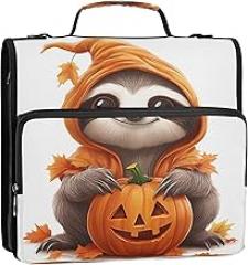 Cute Sloth Halloween Pumpkin 3 Ring Binders 1.5 Inch D Ring Zip up Binder Organizer School Binders Bag with Shoulder Strap Personalized Multi Pockets Large Portfolio Folder