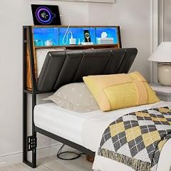 IKIFLY Hidden Storage Headboard Twin Size with Charging Station, Ergonomic Upholstered Twin XL Headboard Only with LED Lights, 2 Outlets & 2 USB Ports, Attach Frame, Easy Assembly, Black