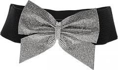 Milisten Rhinestone Bow Girdle Elastic Belt Black Wide Stretch Bling Waistband for Women Formal Wedding Party Dress Accessory