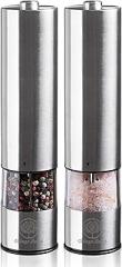 VILLAGE BATCH Stainless Steel Automatic Pepper Grinder Electronic Salt And Pepper Grinder Set w LED- Battery Operated Pepper Grinder - Light Up Salt And Pepper Shakers Electric Pepper Grinder Mill