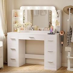 Furmax Vanity Desk with Hollywood Style Mirror with LED Lights, Makeup Table Vanity with 2 AC Outlets and1 USB＆1 Type-C Port, Adjustable Lighting, Modern Ample Storage Drawers Dressing Table (White)
