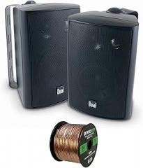 2x Dual Electronics LU47PB 4 Inch 100-Watt 3-Way Indoor / Outdoor High Performance Bookshelf Studio Monitor Black Speakers w/ Swivel Brackets , Enrock 16-G 50 Ft Audio Speaker Wire