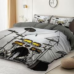 Dark Gray Reversible Duvet Cover Twin Size, Music Instruments Electronic Drums Theme Soft Microfiber Bedding Set with Zipper Closure - 3 Pieces Duvet Cover for Boys Girls Adults Teenager
