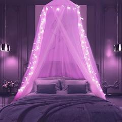Pink Bed Canopy with Star Lights for Girls Bedroom, Dome Princess Canopy Bed Curtains with Pink Lights 8 Modes USB Powered, Bed Netting Kids Tent Twin Full Queen King Size Bed