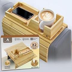 Bamboo Couch Arm Tray with Non-Slip Mats, Slide-Away Upper Tray, Adjustable Fit for Various Sofa Armrests – Ideal for Snacks, Drinks, Remotes and Electronics (Natural)