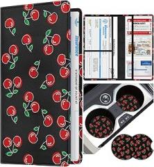 Slohif Car Registration and Insurance Card Holder with Magnetic Shut - Vehicle Glove Box Organizer Women Leather Automobile License Holders Coasters Auto Accessories Case for Document,Cherry