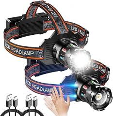 2pcs Rechargeable LED Headlamp, 8900 Lumens Super Bright Headlight with Motion Sensor, 9 Modes Zoomable Head Lamp, 180°Adjustable, IPX7 Waterproof Head Lamp for Camping, Running, Climbing, Hiking
