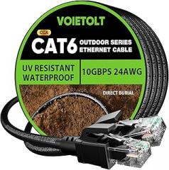 Cat 6 Outdoor Ethernet Cable 100 ft, 24AWG 10Gbps Cat6 Cable Cord Waterproof Direct Burial LLDPE UV Jacket, Internet Network Cable with 20 Ties Support POE Cat6 Cat5e Cat5, CCA, UTP for PC