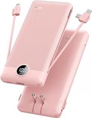 VRURC Portable Charger Built-in Cables and AC Wall Plug,USB C Power Bank 10000mAh, Travel Essentials Phone Charger Compact Lightweight External Battery Pack for Smart Phones, Tablets etc-Pink