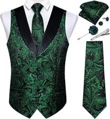 DiBanGu Mens Paisley Suit Vest Silk Jacquard Waistcoat and Necktie Set Formal Shawl Collar Dress Vest 7PCS for Wedding Party