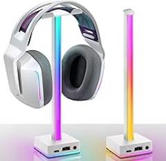 EZDIY-FAB USB LED Light Bar Headphones Stand, Desktop Atmosphere RGB Backlight,50 Built-in Color Modes, Headphone Holder for Gamers Gaming PC Accessories Desk- White- 1 Pack