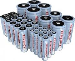 Tenergy NiMH Rechargeable Battery 34 Pack Variety, 12AA, 12AAA, 4C, 4D, and 2x9V Rechargeable Batteries for Everyday Household Electronics