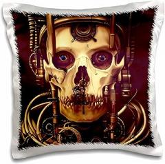 3dRose Dark Fantasy Steampunk Skull and Mechanical, Electronic Gear Art 16x16 inch Pillow Case