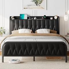 Leather Full Size Bed Frame with Fast Charging Station,Full Metal Platform Beds with Upholstered Headboard & Footboard,12