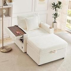 Antetek Single Chair and Ottoman Set, Modern Comfy Corduroy Cloud Fluffy Chaise Lounge Chair with Storage Ottoman & Wooden Side Table & USB Charging Ports for Living Room Bedroom Reading Room, White