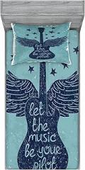 Ambesonne Music Fitted Sheet & Pillow Sham Set, Let The Music Be Your Pilot Words Winged Electronic Guitar and Stars Retro Print, Decorative Printed 2 Piece Bedding Decor Set, Twinxl, Dark Blue