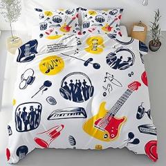 Guitar Electronic Keyboard Duvet Cover Set Twin with Zipper Closure, Rock Musical Instrument Comforter Cover Soft, Music Lover Bedding Reversible, 3 Pieces, 1 Duvet Cover and 2 Pillow Shams