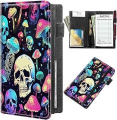 Server Books for Waitress 9 x 5 Inch,PU Leather Waiter Book Server Wallet with Zipper and Check Book Holder Money Pocket Waitstaff Organizer Fits Server Apro,Mushroom Skull