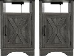 Nightstand Side Table with USB and AC Outlets, Wooden Rustic Tall Bedside Table, Dark Gray End Table for Convenient Charging