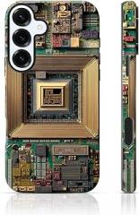 for Samsung Galaxy S25 Case 6.2 inch Gold & Green CPU Core Pattern 2 in 1 Sublimation Film, Vintage, Industrial, Techy Style, Electronics Lovers, Graduation Gifts