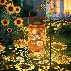 Sunflower Solar Lanterns Outdoor Waterproof, Gifts for Women Mom Grandma Birthday, Metal Hanging Lantern Solar Lights LED Decoration with Shepherd Hook Outside for Yard, Patio, Porch, Garden Decor