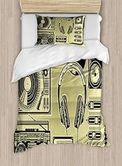 Ambesonne Hip Hop Duvet Cover Set, Electronic Music Devices as Turntable Headphones Speaker for Recording, Decorative 2 Piece Bedding Set with 1 Pillow Sham, Twin Size, Pale Yellow and Black