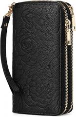 BVEOGMRO Women’s Wallet RFID Blocking Purse Leather Long Clutch Double Zip Around Credit Card Holder with Wristlet