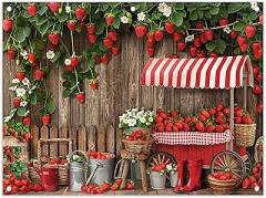 8x6ft Fabric Wooden Board Strawberry Backdrop Red Sweet Fruit Farm Market Stall Fence Photography Background Women Girls Birthday Party Decorations Photo Props