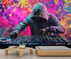 Colorful Dj Mural Electronic Music Wallpaper Bar Graffiti Wall Mural Art Decor Photo Nursery Bedroom Panoramic Accent Wallpaper (Non-self-Adhesive)