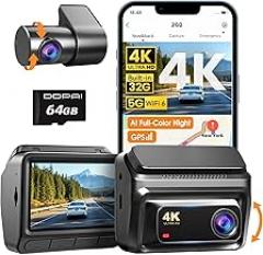 DDPAI 4K Dash Cam Front and Rear, Built-in 32G eMMC Dual Dash Car Camera,64GB Card Included Dashcam,Night Vision Dash Camera,5GHz WiFi, 7 Days Parking Mode,GPS,3