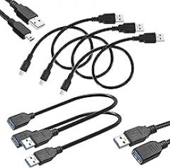 SAITECH IT 3 Pack 35 CM USB 2.0 A to Mini 5 pin B Cable Bundle with 2 Pack Short Length 1 Feet USB 3.0 Extension Cable - Black