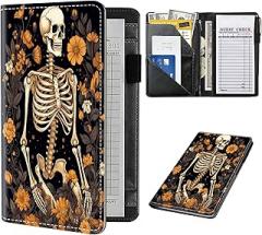 Server Book for Waitress,Server Books for Waitress with Zipper Pocket,Cute Server Book, Waitstaff Organizer Waitress Book with Money Pocket and Zipper Fit Server Apron,Skeleton - Flowers
