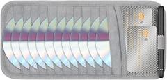 CD Visor Holder for Car, DVD Vehicle Visor Storage Organizer Gray Large Capacity CD Case with 12 Storage Sleeves, 1 Mesh Pocket, 1 Pen Loop & Elastic Strap