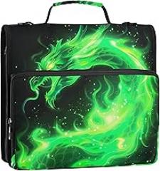 Zipper Binder Organizer Green Fire Dragon 1 1/2 Inch 3 Ring Binders D Ring Print Binders with Strap Middle School Bag Storage Portfolio Case with Handle