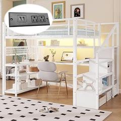 LUMISOL Full Size Loft Bed with L-Shaped Desk and Wardrobe, Heavy Duty Metal Loft Bed Frame with Stairs, LED Lights, Storage Shelves and Charge Station, Noise Free, No Box Spring Needed, White
