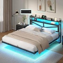 YITAHOME Full Size Floating Bed Frame with USB Charging Station Storage Headboard and with Led Light, Heavy Duty Metal Platform Bed Frame, No Box Spring Needed, Easy Assembly and Noise Free, Black