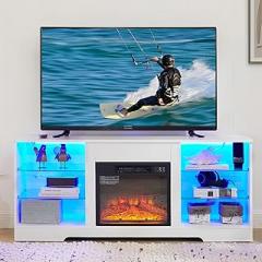 TV Stand with 18” Electronic Fireplace and LED Lights for Living Room, w Power Outlets, White Entertainment Center with Storage, LED Media Console Cabinet for 65 inch TV