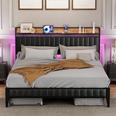 Queen Bed Frame with Charging Station, LED Bed Frame with Storage Headboard, Upholstered Platform Bed Frame, No Box Spring Needed, Easy Assembly, Black