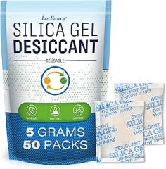 LotFancy 5 Gram (50 Pack) Silica Gel Packets, Color Indicating Desiccant - Rechargeable Moisture Absorbers for Food Storage, Electronics, 3D Filament & Safes