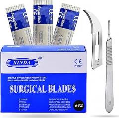 Pack of 100 Blades #12, Scalpel Blades for Knife Scalpel, High Carbon Steel Dermablade Blades. Individually Wrapped, Sterile + Free 1 Handle #3