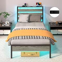 Twin Bed Frame with LED Lights & Charging Station, Metal Platform Bed with Headboard, Heavy Duty Metal Slats, No Box Spring Needed, Noise Free, Easy Assembly