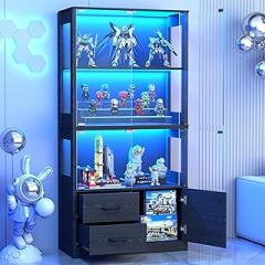 Display Cabinet with Glass Doors, 4-Tier Display Case with 3-Color Lights & Human Body Sensor, Storage Cabinets with 3 Shelves & 2 Drawers for Collectibles/Living/Dining/Game Room, Black Oak