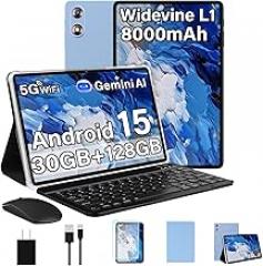 Android 15 Tablet 30GB+128GB+1TB Expand, 2026 10.1 Inch Octa-Core 8000mAh Electronics Tablets with Keyboard Mouse, Gemini AI, 5G WiFi, 1280x800 IPS Touchscreen, GPS, BT5.0, Widevine L1 -Metal Blue