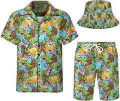 Spanoous Mens Hawaiian Shirts and Shorts Set Funny Hawaiian Shirts for Men Beach Outfits Sets with Bucket Hats