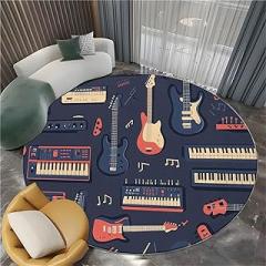 Washable 3 ft Round Area Rugs with Music Electronic Keyboard Guitar Print for Bedroom Circle Vintage Rug with Non-Slip Backing, Music Art Soft Floor Decoration Carpet Mat for Home Entryway