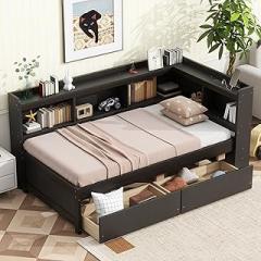 Twin Size L-Shaped Bookcases Bed with Power Outlets, USB Charging Ports,Two Drawers,Espresso